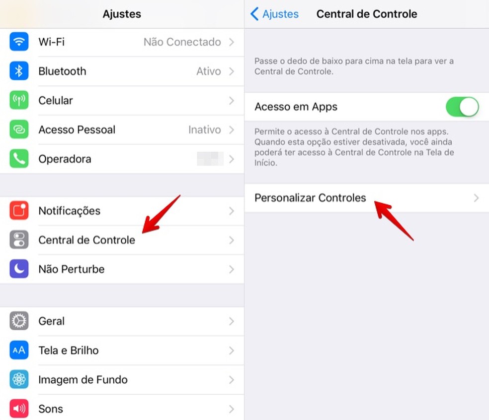 Acesse as configurações da central de controle do iOS 11 — Foto: Reprodução/Helito Bijora