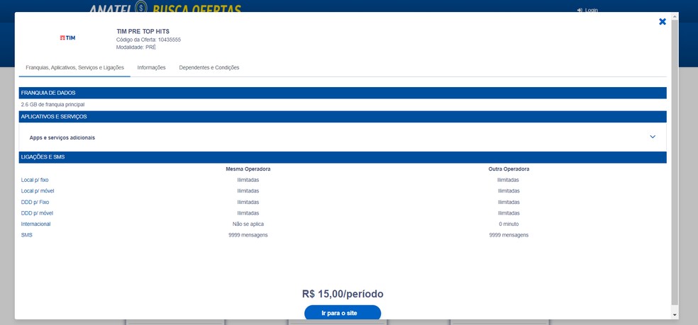 Anatel Busca Ofertas permite ao usuário visualizar detalhes de pacotes — Foto: Reprodução/Rodrigo Fernandes