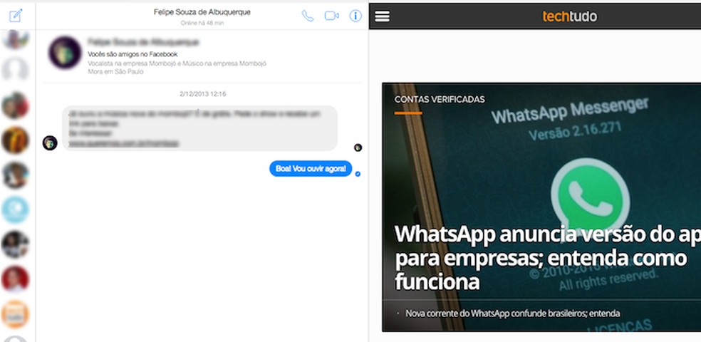 Messenger funcionado em tela dividida no Firefox — Foto: Reprodução/Marvin Costa