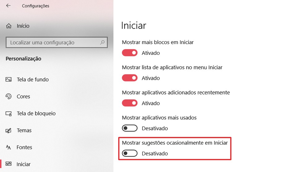 Desative os anúncios de aplicativos no menu Iniciar — Foto: Reprodução/Ana Letícia Loubak