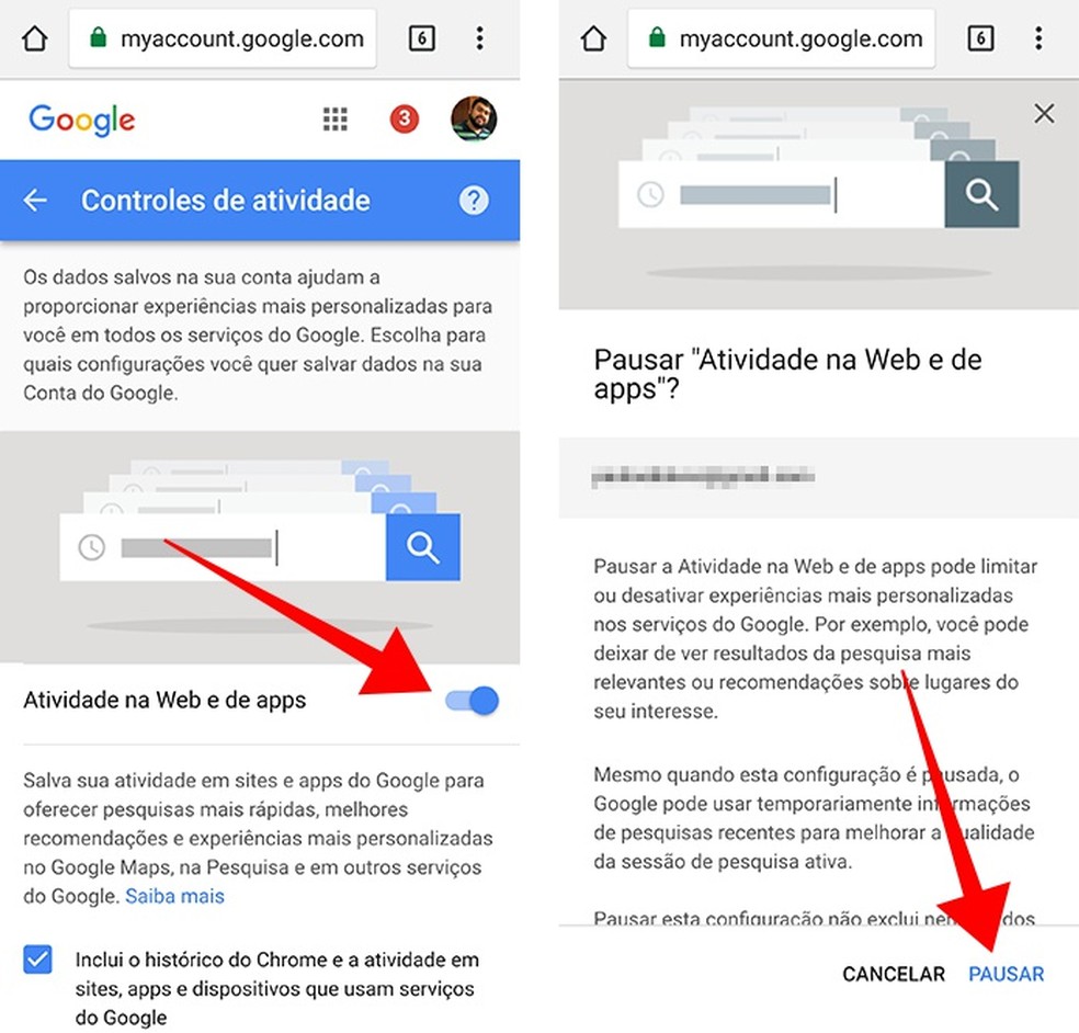 Desative a função "Atividade na web e de apps" nos controles de privacidade do Google — Foto: Reprodução/Paulo Alves