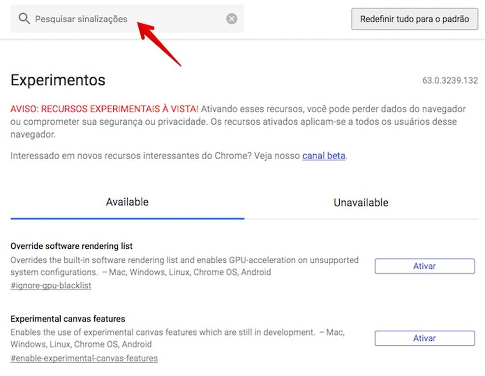 Localize o recurso que você quer ativar no Chrome — Foto: Reprodução/Helito Bijora