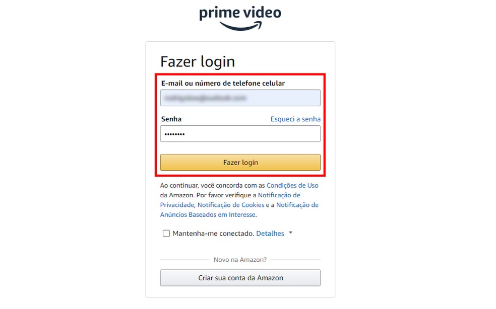 'Como cancelar a Amazon Prime? Procedimento para cancelamento de assinatura Amazon Prime Video requer login — Foto: Reprodução/Rodrigo Fernandes