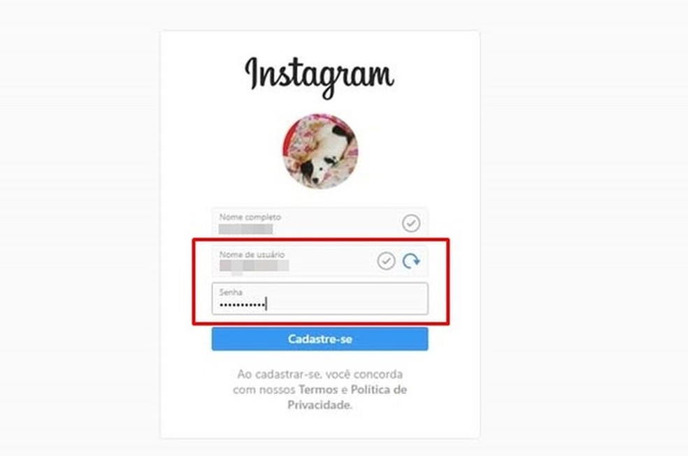 Crie um nome de usuário e senha para o seu perfil no Instagram — Foto: Reprodução/Taysa Coelho