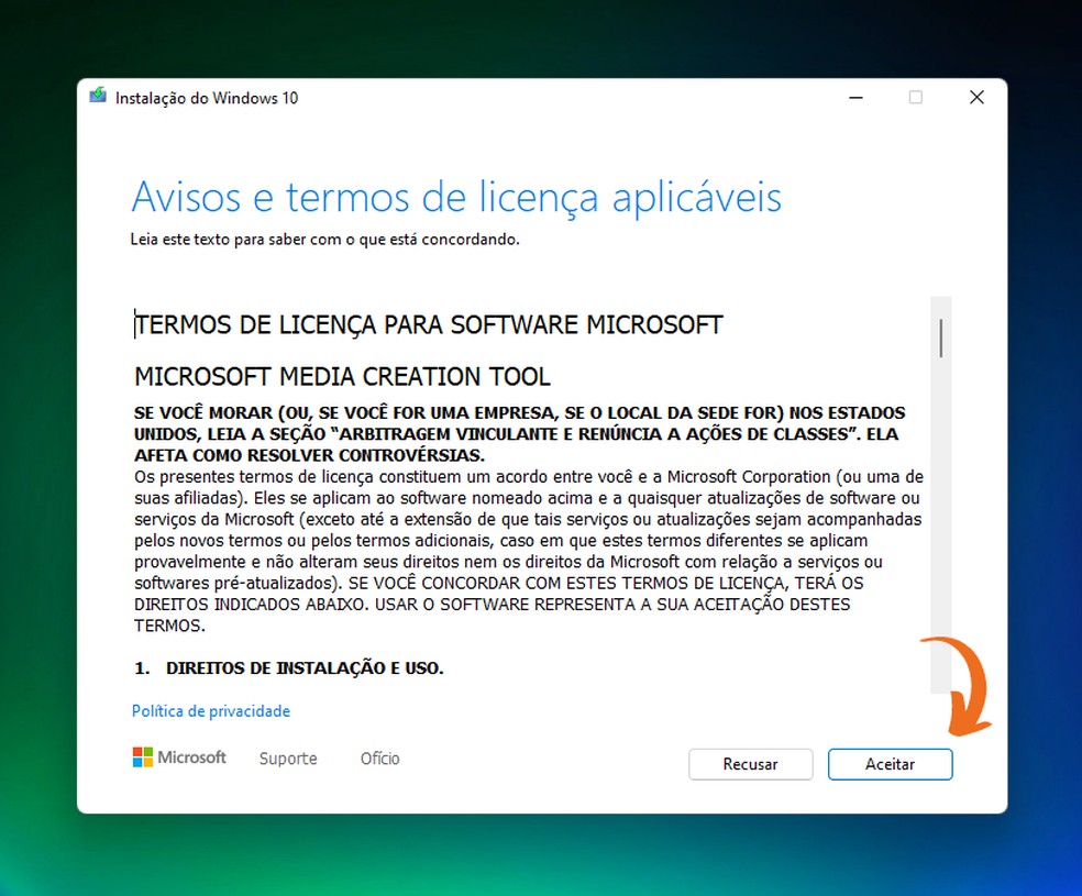 Windows 11: é necessário concordar com os termos de serviço da Microsoft para retornar ao Windows 10 — Foto: Reprodução/Eduardo Bartkevihi