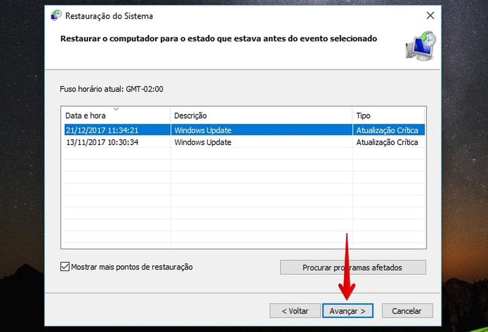 Escolha a data para a qual deseja restaurar o computador com Windows — Foto: Reprodução/Helito Bijora