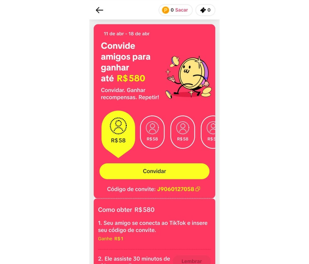 Convidar amigos é uma forma de ganhar dinheiro no TikTok — Foto: Reprodução/Carolina Torres