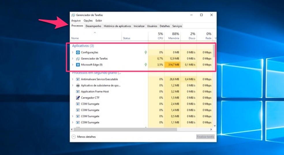 Ação para verificar processos ativos no computador com Windows 10 — Foto: Reprodução/Marvin Costa