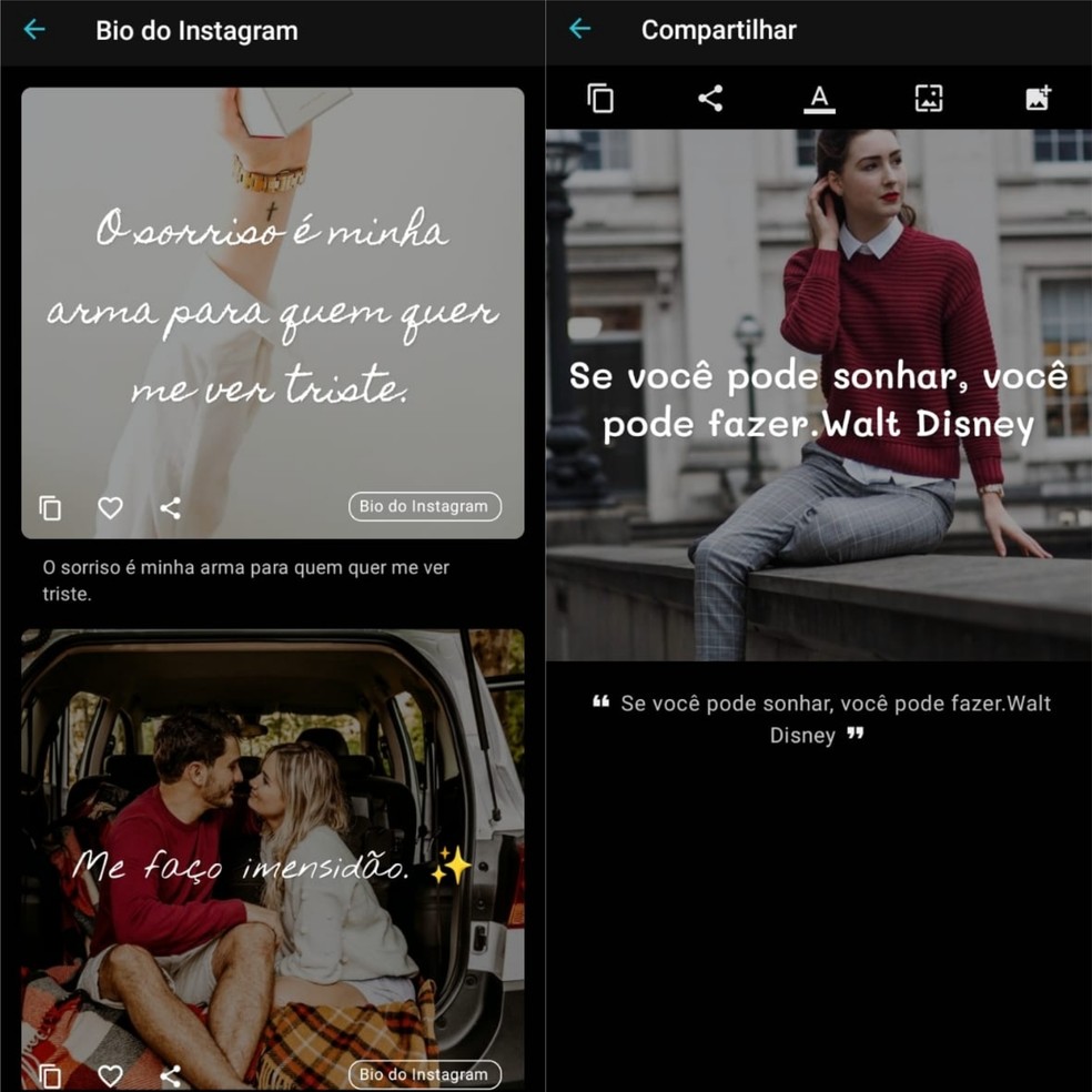 "Instafrases" está disponível para Android e possui uma categoria de frases para colocar na bio do Instagram — Foto: Reprodução/Clara Fabro