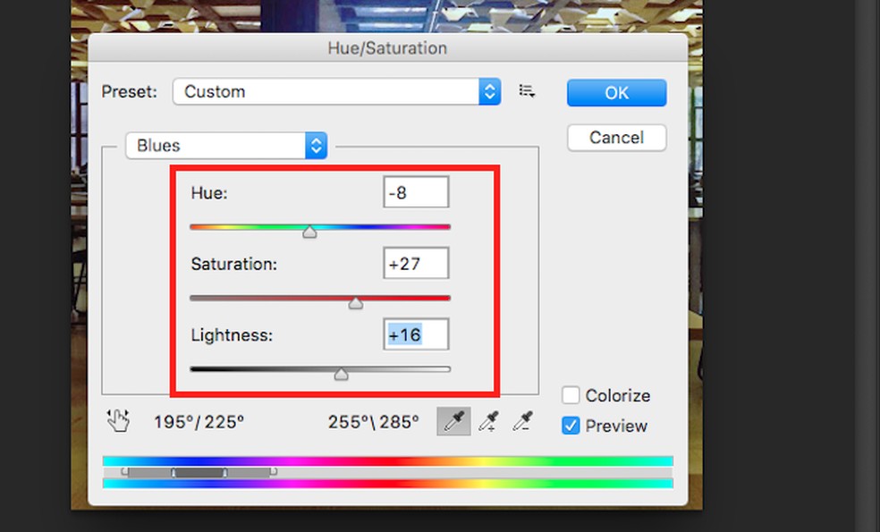 Comandos deslizantes para alterar parametros de matiz e saturação em imagens no Adobe Photoshop — Foto: Reprodução/Marvin Costa