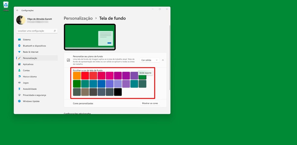 O usuário pode escolher uma das cores pré-definidas na paleta do Windows 11 — Foto: Reprodução/Filipe Garrett