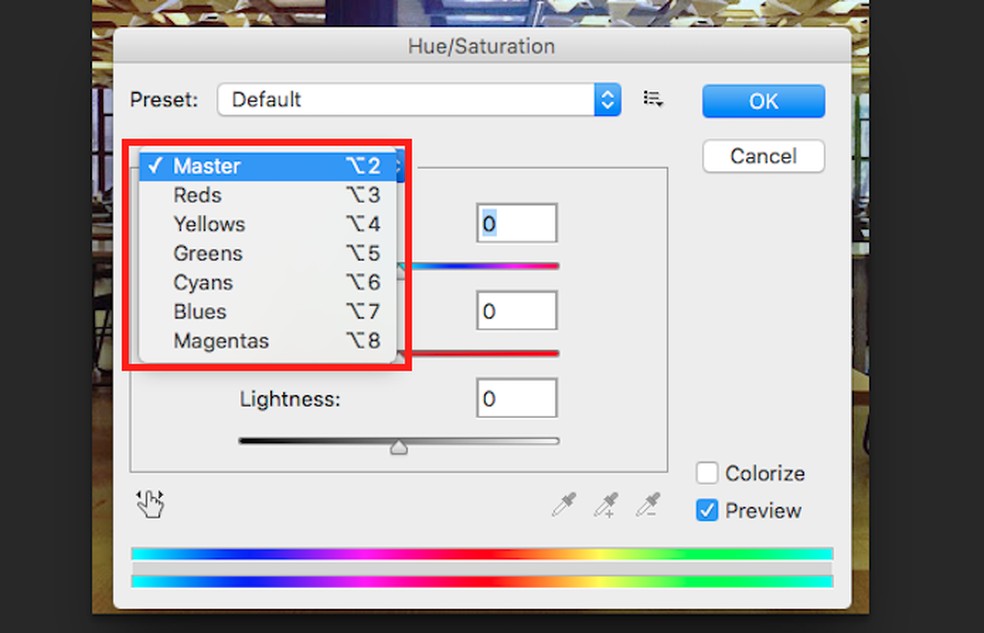 Ação para definir um padrão de cor para alterar ajustes de matiz e tonalidade de uma imagem no Adobe Photoshop — Foto: Reprodução/Marvin Costa
