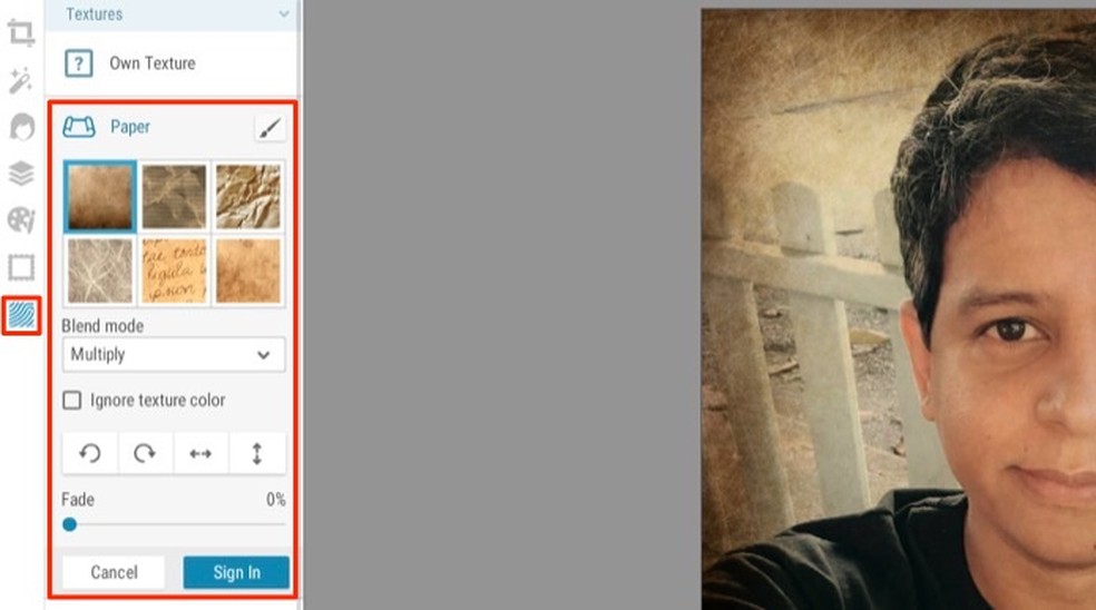 Opção para aplicar texturas sobre uma imagem editada pelo site iPiccy — Foto: Reprodução/Marvin Costa