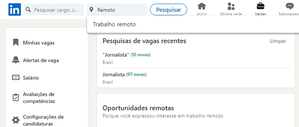 LinkedIn permite encontrar vagas de trabalho remoto na rede social — Foto: Reprodução/Rodrigo Fernandes