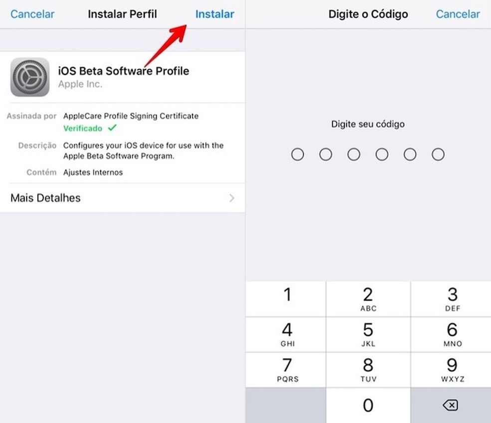 Instale o perfil para ter acesso a versões betas do iOS 11 — Foto: Reprodução/Helito Bijora