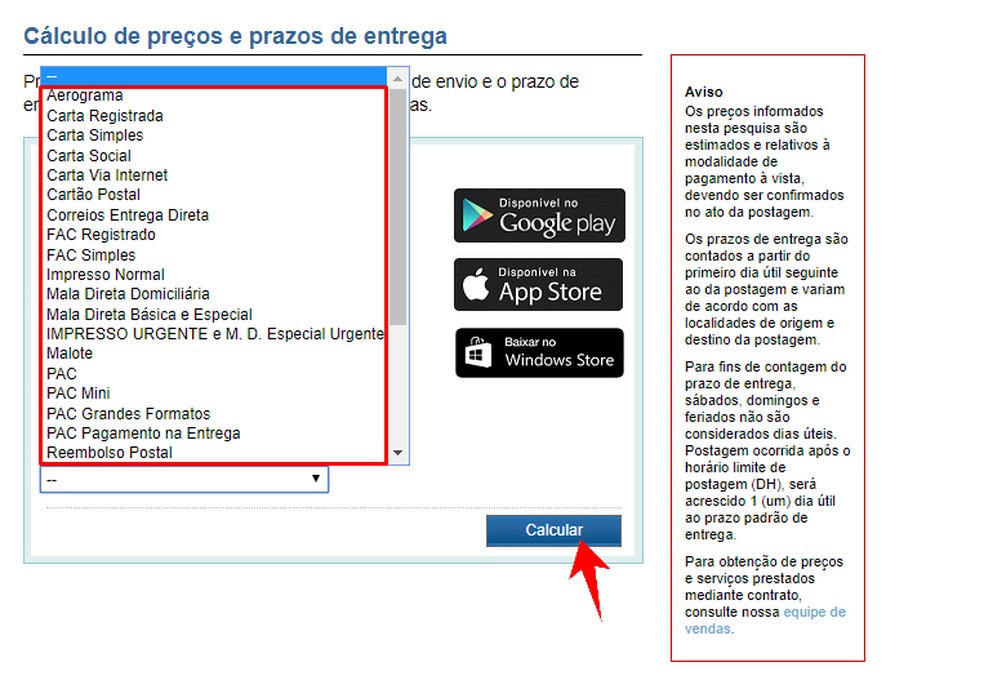 Correios permite fazer cálculo de diferentes serviços — Foto: Reprodução/Rodrigo Fernandes