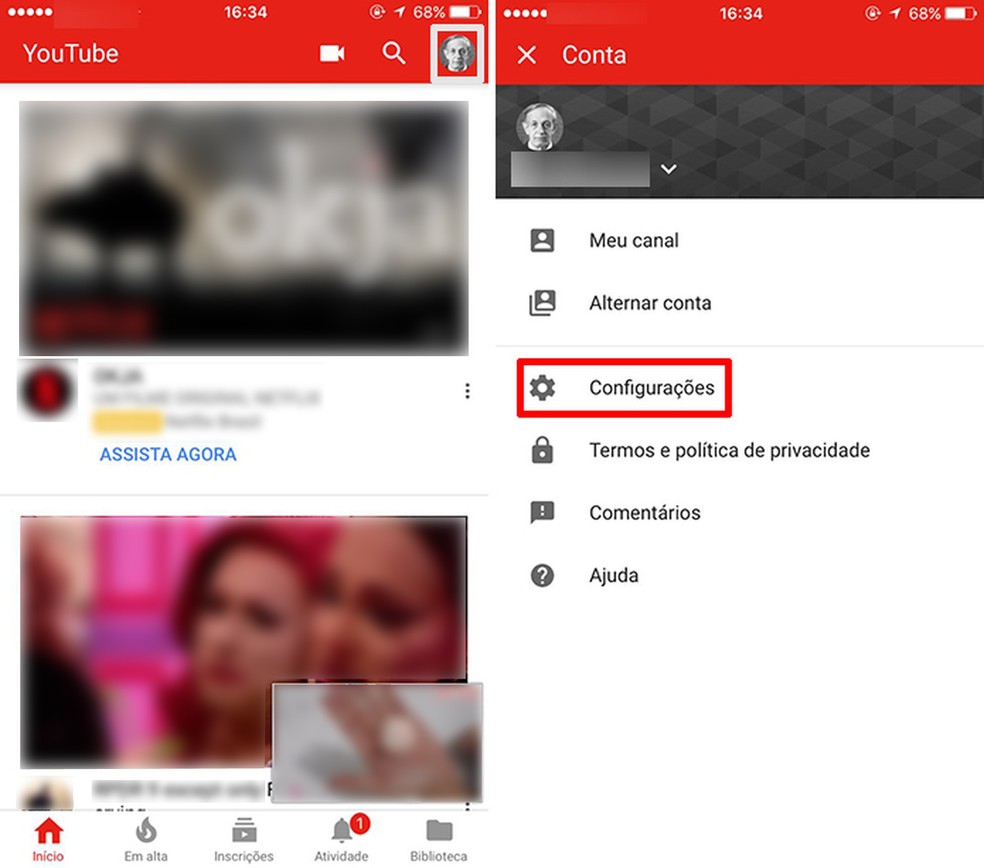 Acesse as configurações do YouTube para iPhone — Foto: Reprodução/Elson de Souza