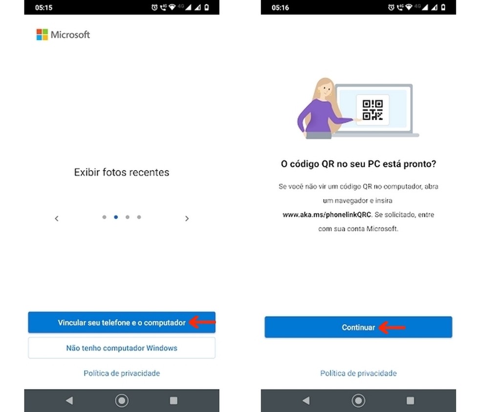 Telas iniciais do app Vincular ao Windows no celular Android  — Foto: Reprodução/Raquel Freire