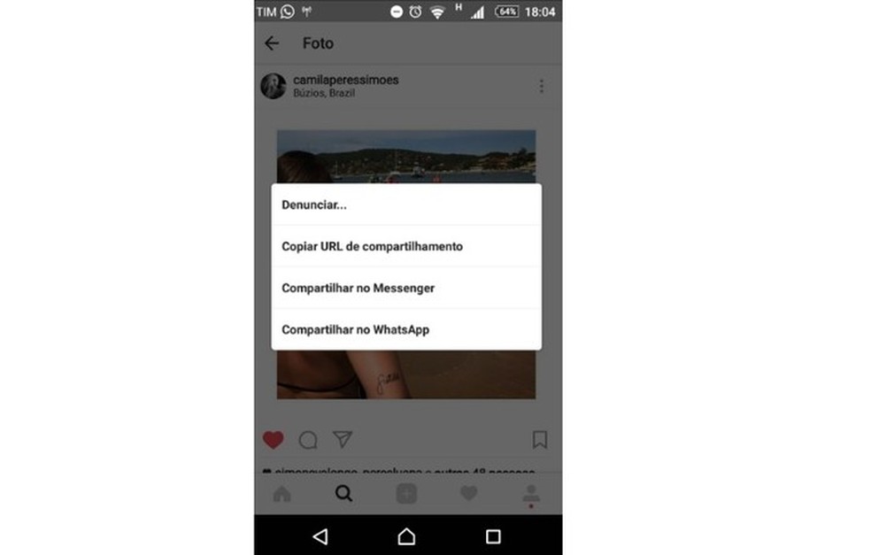 Usuários do Android podem compartilhar conteúdo do Instagram direto no WhatsApp (Foto: Reprodução/Camila Peres) — Foto: TechTudo