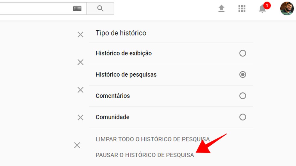 Pause a gravação de histórico para deixar de salvar termos pesquisados no YouTube — Foto: Reprodução/Paulo Alves