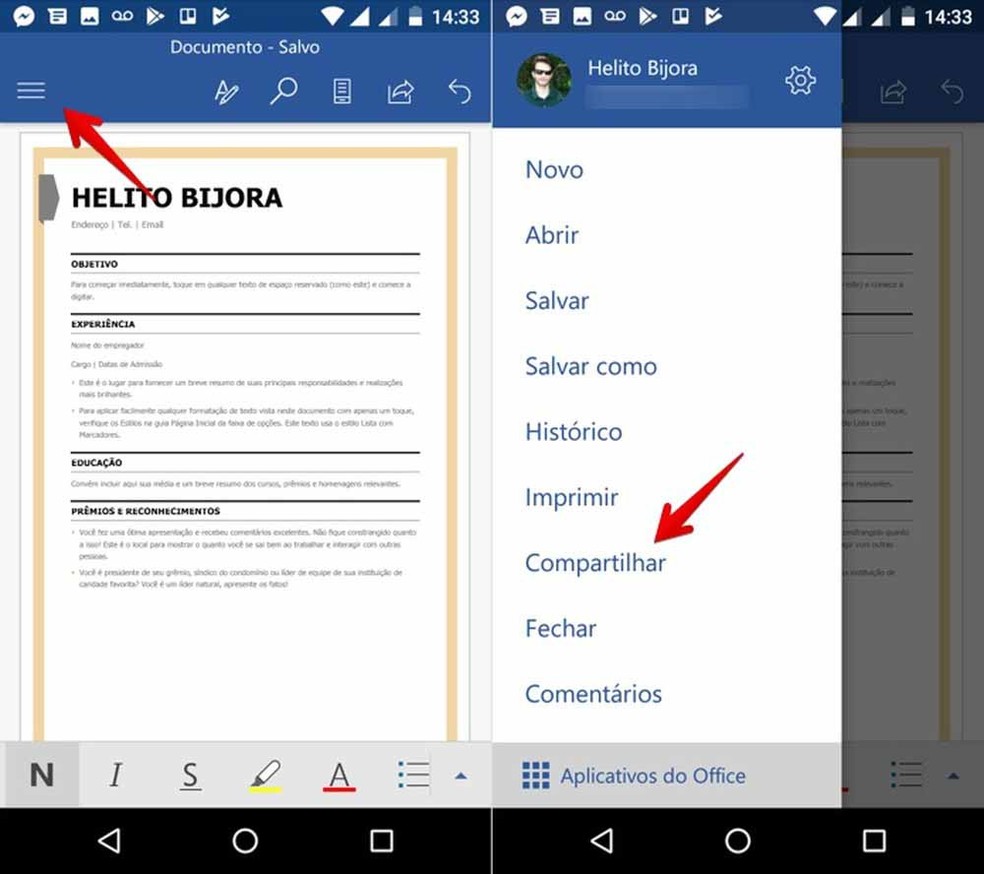 Compartilhando currículo feito no Word pelo celular — Foto: Reprodução/Helito Bijora