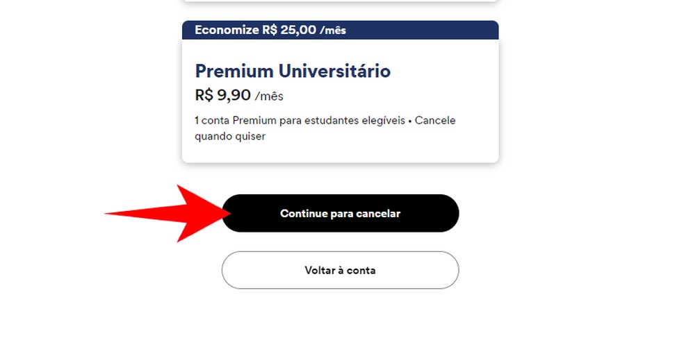 Cancelar Spotify pelo app ou pelo computador é procedimento simples, bastando clicar em "Continue para cancelar" — Foto: Reprodução/Rodrigo Fernandes