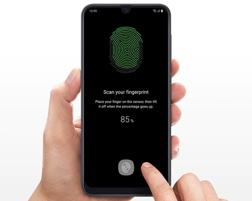 Galaxy A50 tem leitor de digitais na tela — Foto: Divulgação/Samsung
