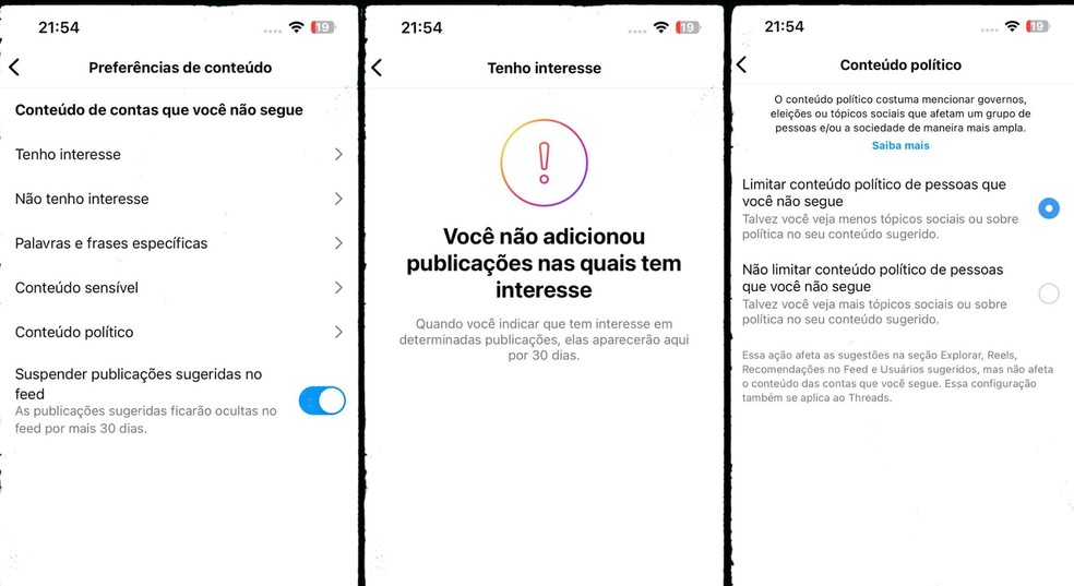 Filtragem de conteúdos sugeridos no feed do Instagram — Foto: Reprodução/Gisele Souza