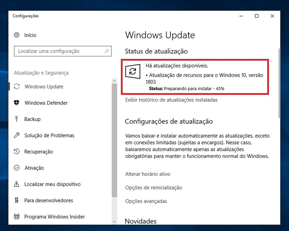 Windows 10 iniciará a atualização do sistema automaticamente — Foto: Reprodução/Rodrigo Fernandes