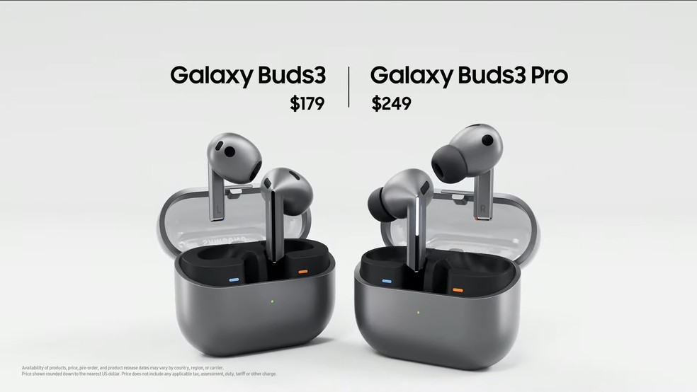Galaxy Buds 3 e Galaxy Buds 3 Pro lado a lado — Foto: Reprodução/Samsung