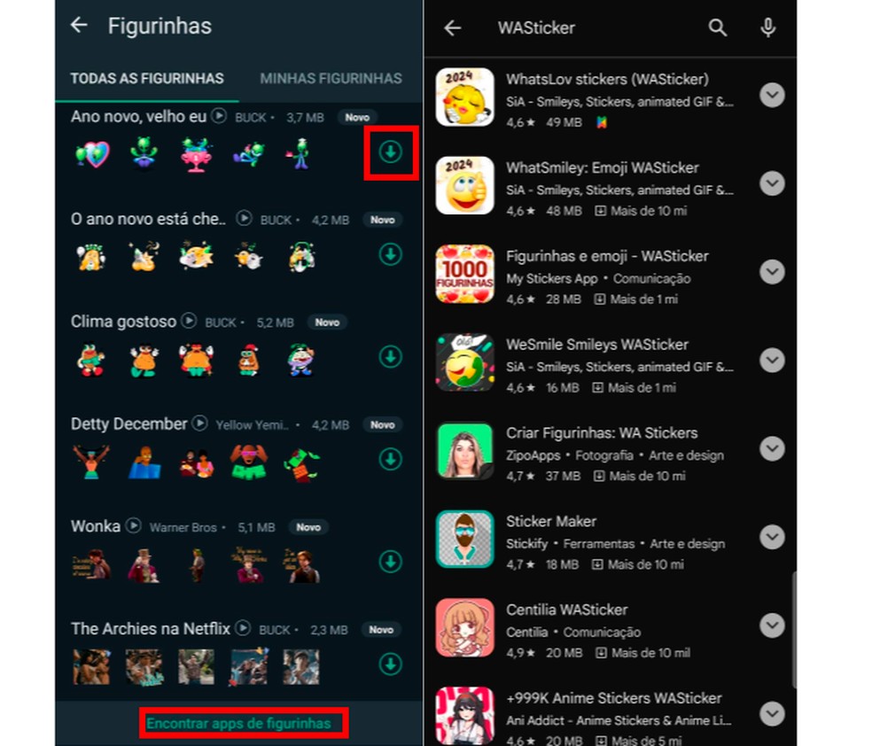 'Baixar figurinhas para WhatsApp?' Clique nas setas para baixar ou vá em "Encontrar apps de figurinhas" para descobrir outros pacotes de stickers — Foto: Reprodução/Carolina Torres