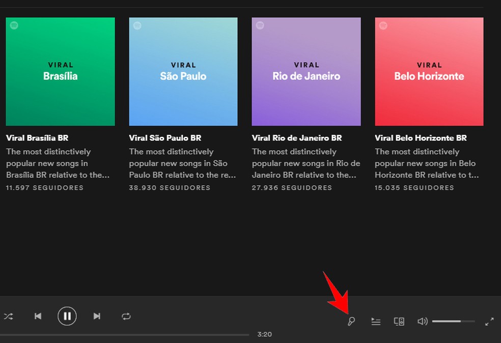 Novo ícone de microfone ativa letra das músicas no Spotify para PC — Foto: Reprodução/Rodrigo Fernandes