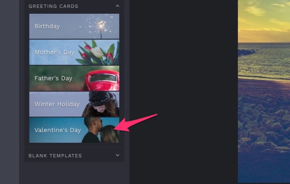 Ação para escolher modelos de cartão do Dia dos Namorados no serviço online Befunky — Foto: Reprodução/Marvin Costa