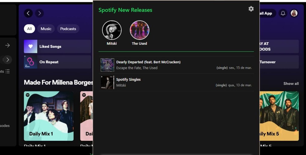 Janela da extensão Spotify New Releases — Foto: Reprodução/Millena Borges