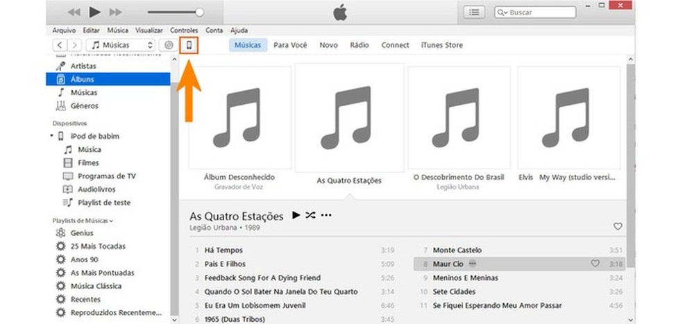 Clique no ícone do dispositivo Apple no iTunes (Foto: Reprodução/Barbara Mannara) — Foto: TechTudo
