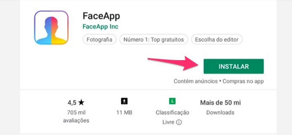 Ação para baixar o aplicativo FaceApp no simulador de Android BlueStacks — Foto: Reprodução/Marvin Costa