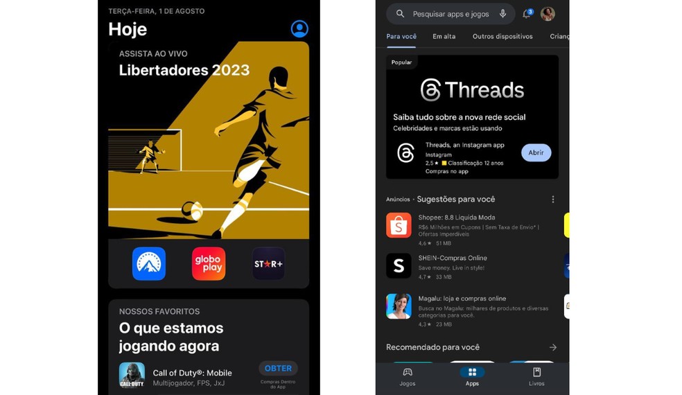 App Store e Play Store são as lojas de aplicativos do iOS e do Android — Foto: Reprodução/Luiza Fortes 