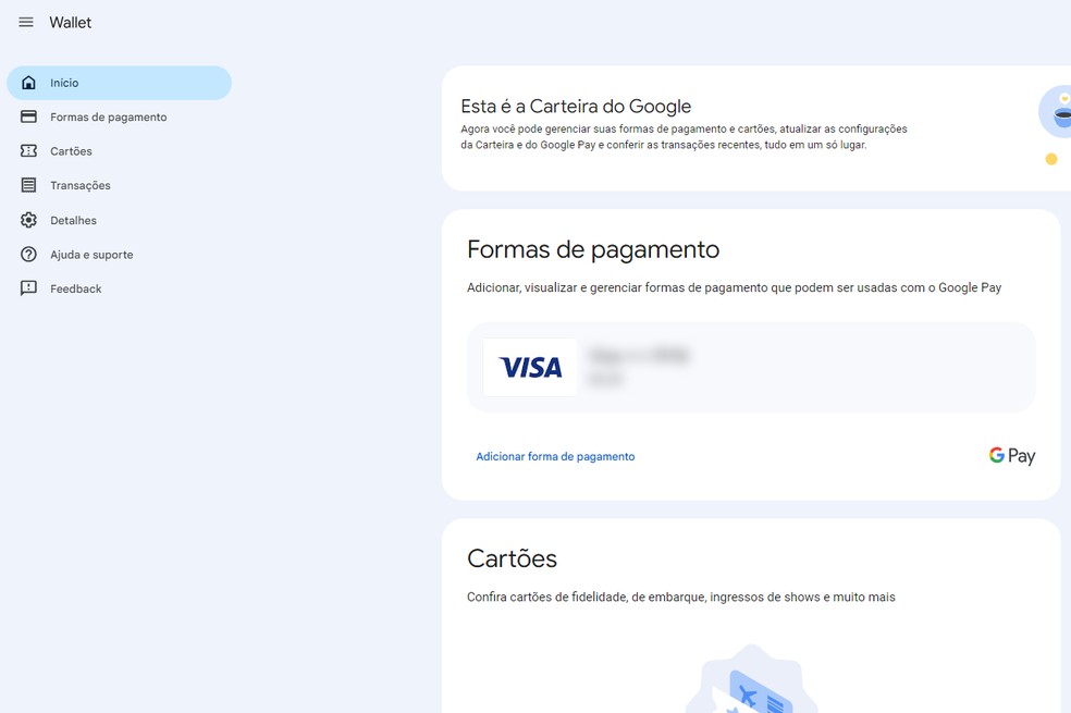 Carteira do Google agora está disponível no PC e oferece vários serviços — Foto: Reprodução/Rodrigo Fernandes