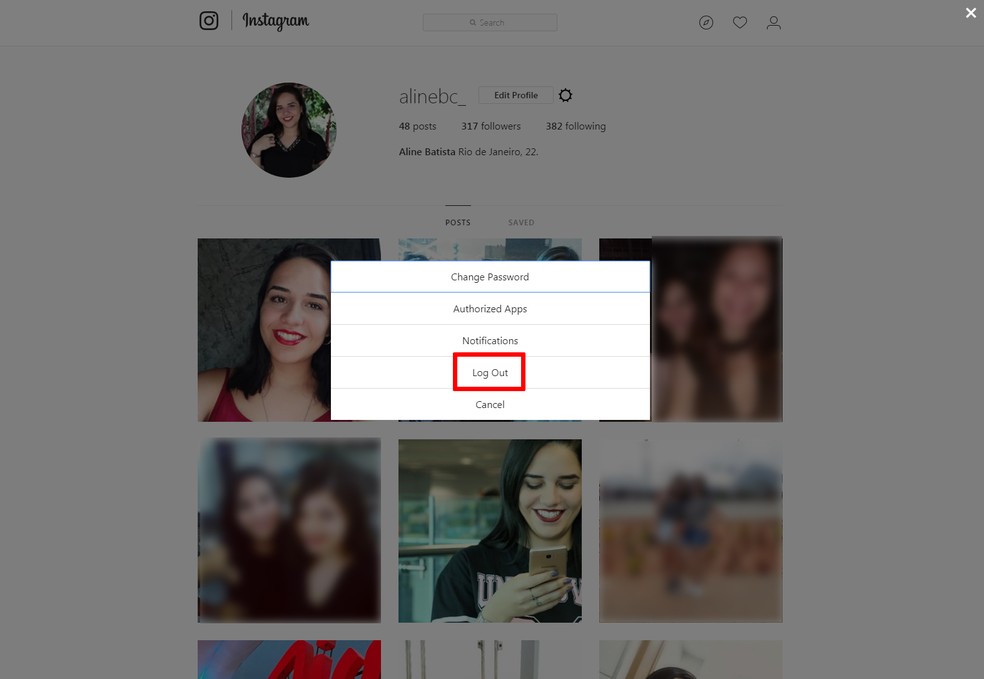 Saindo do Instagram pelo computador — Foto: Reprodução/Aline Batista