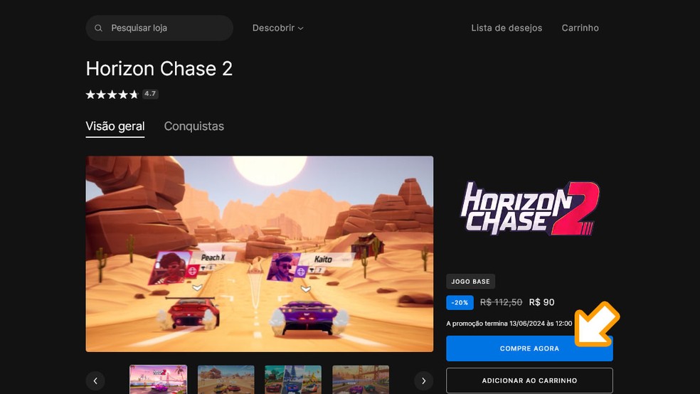 Na página de Horizon Chase 2 na Epic Games Store clique em "Compre agora" e finalize a compra para baixar o game — Foto: Reprodução/Rafael Monteiro