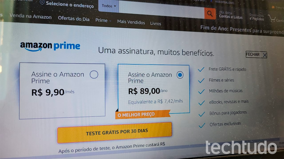 Valores da mensalidade do Amazon Prime — Foto: Lucas Santos/TechTudo
