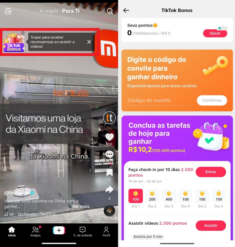 Clique sobre o banner da campanha TikTok Bônus para começar a acumular pontos que valem dinheiro — Foto: Reprodução/Clara Fabro