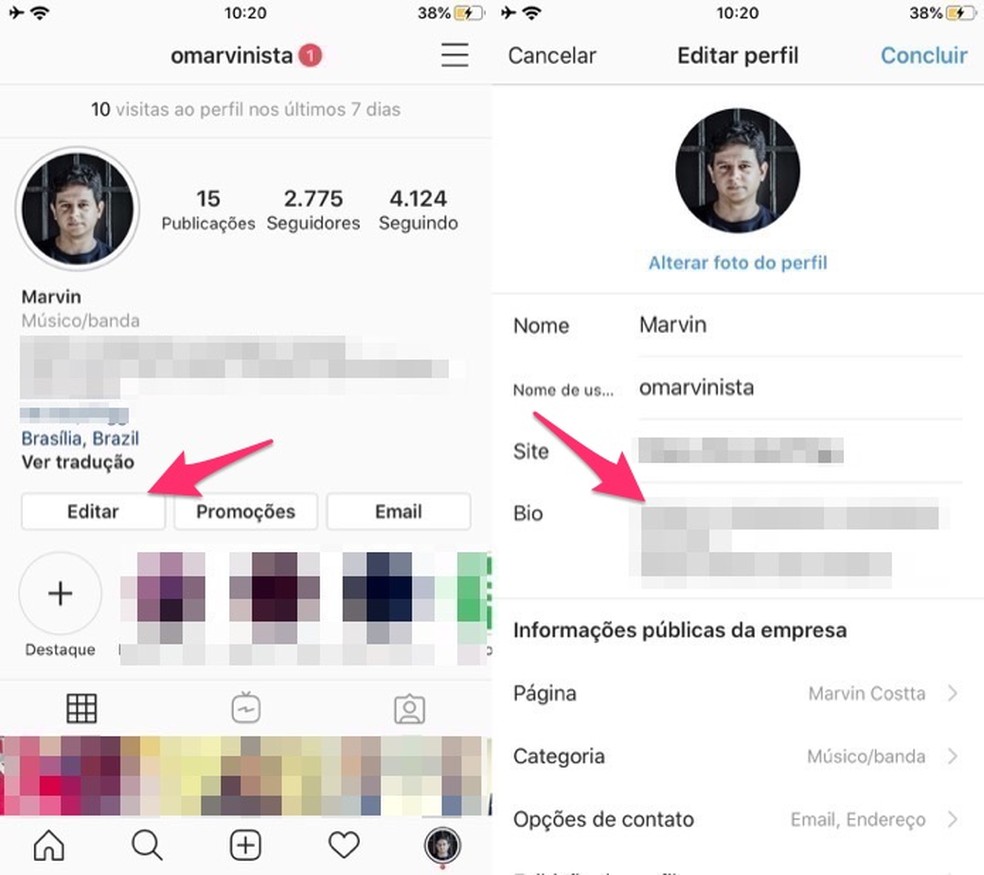 Ação para iniciar a edição de uma bio do Instagram com um texto personalizado — Foto: Reprodução/Marvin Costa