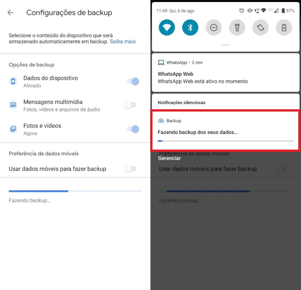 Você pode acompanhar o progresso do backup através na notificação do app — Foto: Reprodução/Clara Fabro