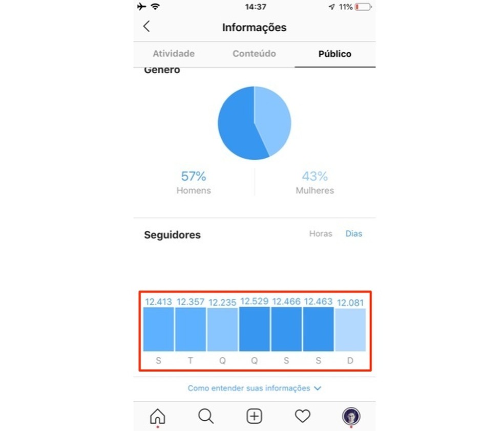 Monte uma estratégia de publicação com os dados sobre as atividades médias de seguidores de uma conta comercial do Instagram — Foto: Reprodução/Marvin Costa