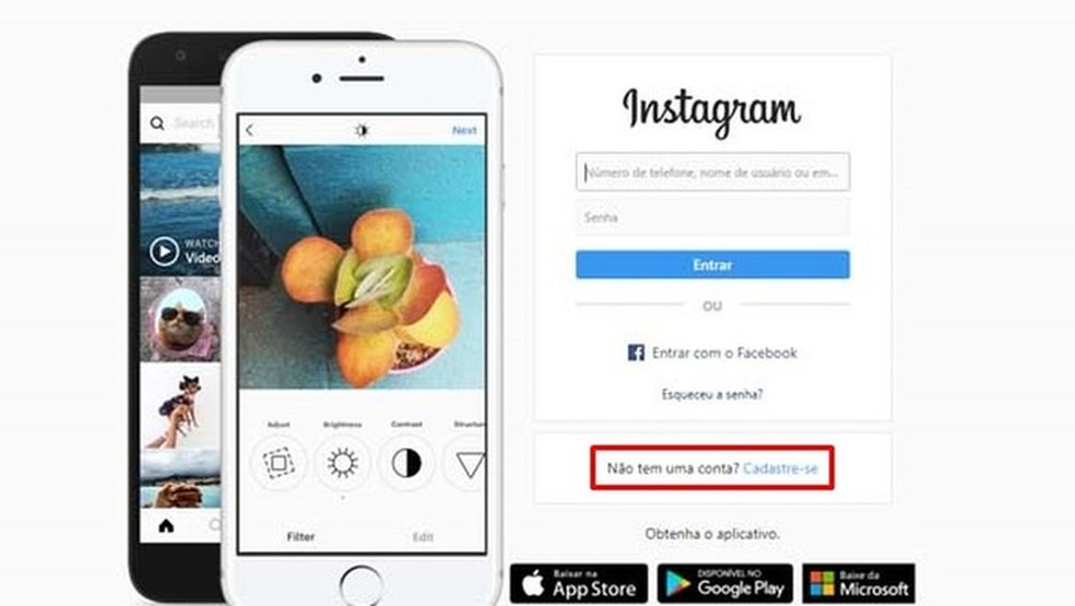 Clique em "Cadastre-se" na página inicial do Instagram para começar a criar a sua conta na rede social — Foto: Reprodução/Taysa Coelho
