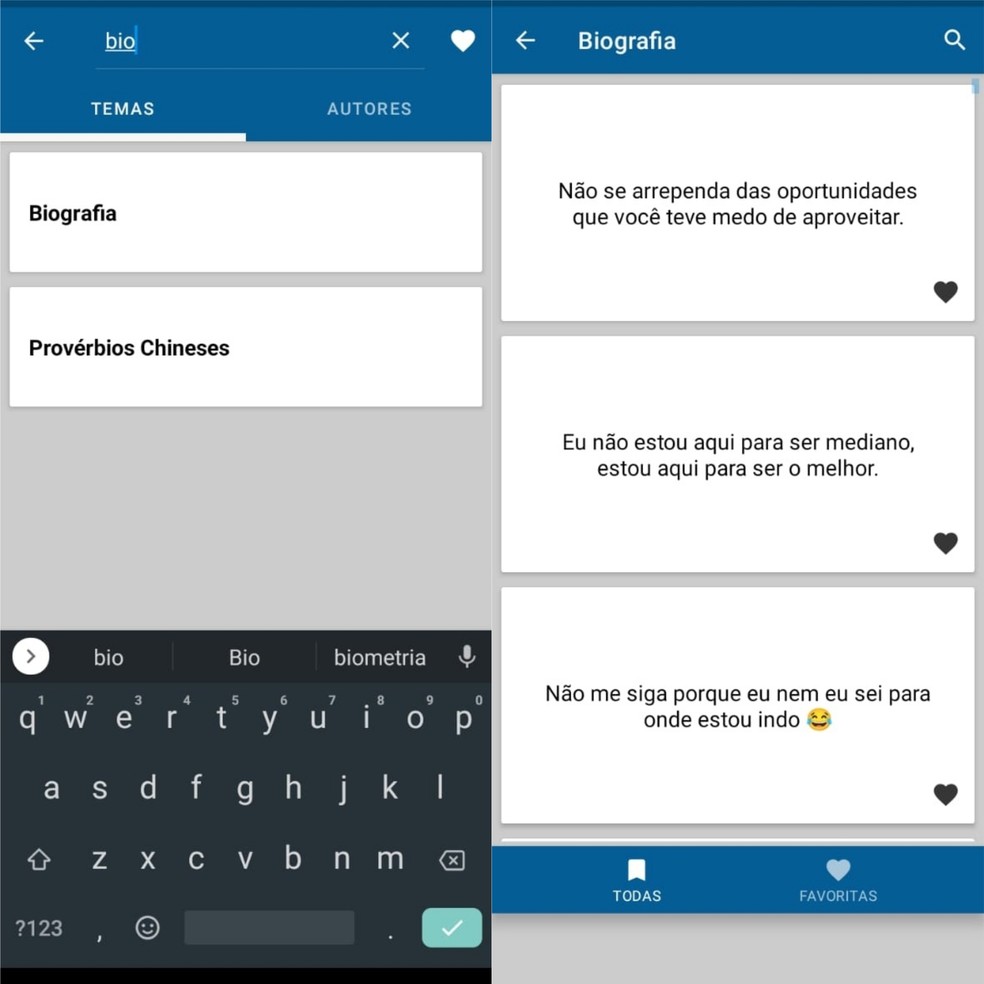 Frases para Status está disponível para Android e possui uma categoria chamada "Biografia" — Foto: Reprodução/Clara Fabro