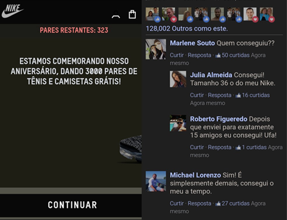 Página do golpe imita site da Nike e seção de comentários do Facebook — Foto: Reprodução/TechTudo