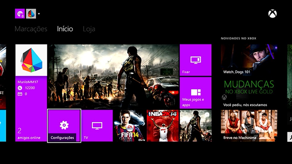 O menu do Xbox One lembra o Windows 8 (Foto: Reprodução/Murilo Molina) — Foto: TechTudo