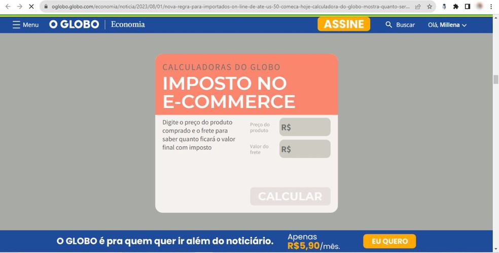 Calculadora permite descobrir o valor da taxa na Shein antes de finalizar a compra — Foto: Reprodução/Millena Borges